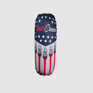 Boat fender cover with American Flag background and NautiCovers branded logo