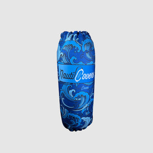 Boat fender cover with blue waves pattern branded NautiCovers