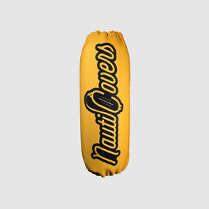 Yellow gold boat fender cover with NautiCovers logo brand