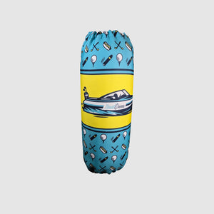 Boat fender cover with golf themed background, including a boat and NautiCovers branded logo